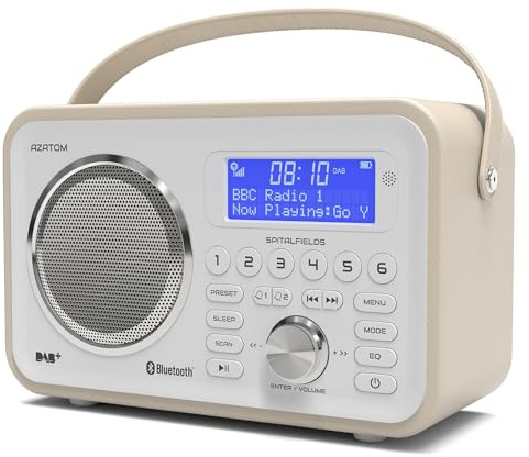 DAB/DAB+ & FM Portable Digital Radio | Leather Design | Bluetooth | Rechargeable Battery | Dual Alarms & Sleep Timer | Perfect for Home, Office or Outdoors | AZATOM Spitalfields 2 (White)