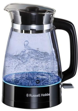 Russell Hobbs Carafe Style 1.7L Cordless Electric Glass Kettle with black handle, lid & base and blue internal illumination (Fast boil, 3KW, Anti-scale filter, Pull off lid, unique glass spout) 26080