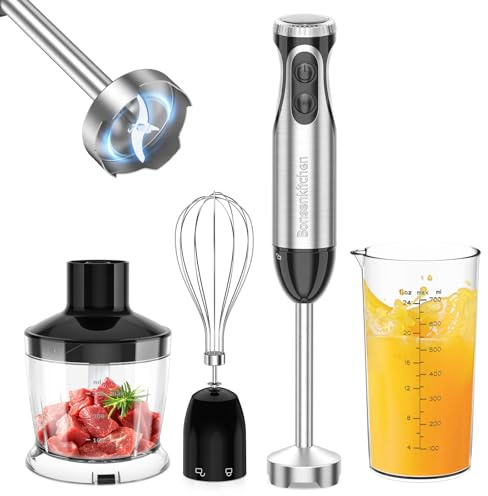 Bonsenkitchen Mixeur Plongeant, 4-en-1 Mixeur Plongeur Multifonction 1000W, 20 Vitesse Réglable, avec Fouet, Hachoir de 500ml et Verre Doseur 700 ml, Robot de Cuisine (HB3203)