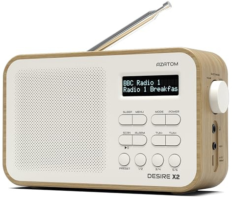 DAB/DAB+ & FM Portable Digital Radio | Simple Controls | Dual Alarms & Sleep Timer | Battery & Mains Powered (4x”AA”) | Bluetooth | Perfect for Home, Office or Outdoors | AZATOM Desire X2 (Oak)