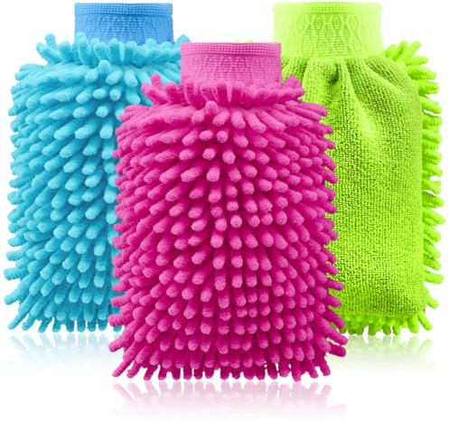 com-four® Gant de Lavage en Microfibre et Chenille pour Voitures et Ménage - Nettoyage et Entretien Automobile (3 Pièces - Bleu/Rose/Vert Fluo)