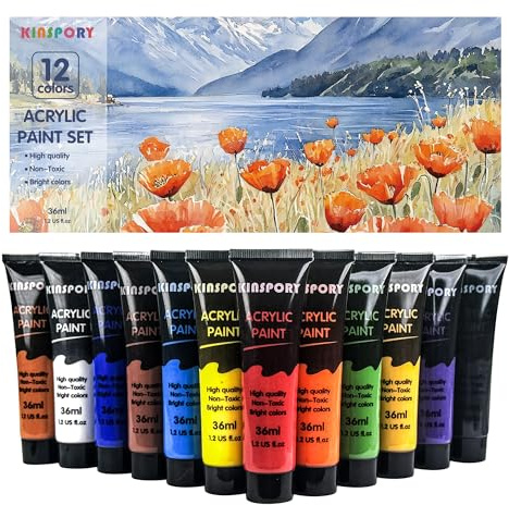 KINSPORY Acrylic Paint Set 12 x 36 ml - Water-Resistant, Assorted Colors for Beginners, Artists, Kids - Multi-Surface Art Supplies for Canvas, Wood, Rocks