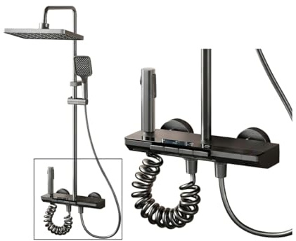 INEX EUROPA Colonne de Douche Noire Gris Titane avec Tête Carrée - Colonne de Douche 4 Modes et Hauteur Réglable - Tête de Douche, Jet, Robinet et Pommeau de Douche - Garantie 10 Ans