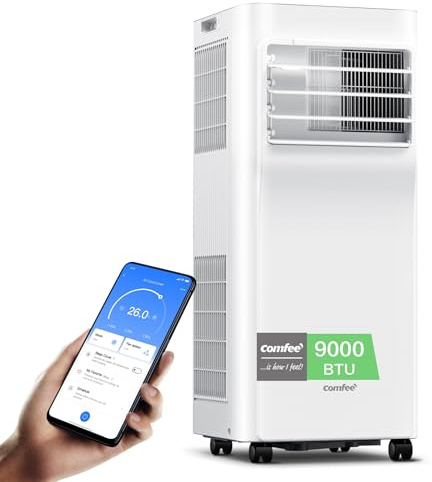 COMFEE' Climatiseur Mobile 9000 BTU/h 2,6kW, Contrôle APP, 3 Modes, 3 Vitesses de ventilation, Dimensions compactes, Pour pièces de 33㎡, Breezy Cool 2.6, Fonctionne avec Alexa
