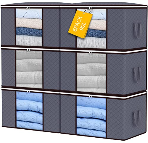 YearningHome 90L Storage Bags, 6Pack Large Capacity Clothes Storage Bags with Zips, Foldable Storage Bags with Reinforced Handle Breathable Thick Fabric for Comforters, Blankets, Bedding