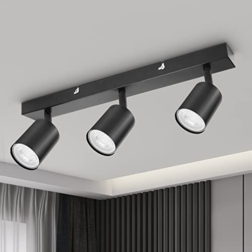 Dehobo Lámpara de Techo de 3 Focos Giratorios GU10, Lámpara de Pared Interior LED Negro Ajustables, Foco de Pared para Interior Iluminación para Dormitorio Pasillo Cocina, Sin Bombilla GU10