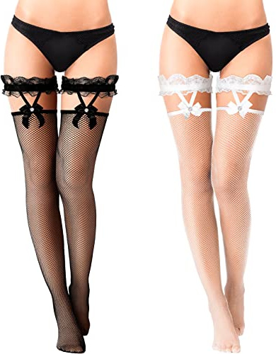 SATINIOR Lot de 2 paires de bas résille en dentelle avec nœud et bretelles pour femme, noir/blanc, M