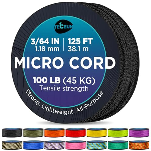 MICRO PARACORD: 1.18 mm thick. Color: Black. Length - 38.1 m (125 ft). Tensile Strength: 45.35 kg (100 LB). Thin, lightweight and strong. Comes on a compact & convenient spool (77.98 mm x 77.98 mm).