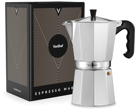 VonShef Stovetop Coffee Maker, 12 Cup Aluminium Italian Espresso Maker, 600ml Gas & Electric Stove Top Moka Pot with Replacement Gasket & Filter