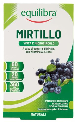 equilibra Integratori Alimentari, Mirtillo, Integratore per la Normale Capacità Visiva e la Funzionalità del Microcircolo, con Estratto di Mirtillo, Vitamina A e Zinco, 60 Capsule Vegetali