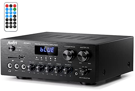 Stereo Power Audio Amplifier 220W Bluetooth 5.0, Moukey 2.0 Channel Stereo Audio Receiver with USB, SD, AUX, RCA, MIC in with Echo, Radio, LED for Home Theater Speakers, Studio, MAMP1