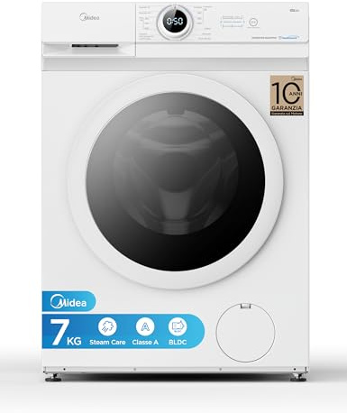 Midea MF10EW70B Lavatrice Slim Carica Frontale, 7 kg, 1400 Giri, Classe A, Vapore, Motore BLDC, Programma Rapido, Varie Temperature dell'Acqua, White