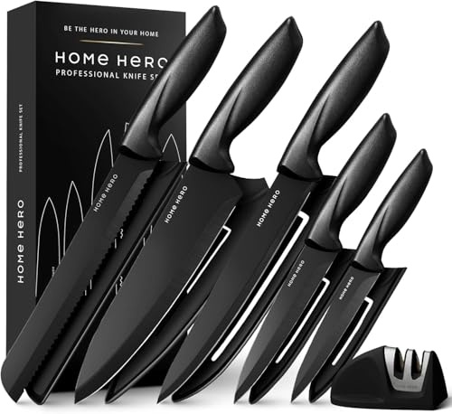 Home Hero Kitchen Knife Set, 5-Piece Black Stainless Steel Knife Set with Protective Sheaths & 2-Stage Sharpener, Chef, Bread, Carving, Utility & Paring Knives